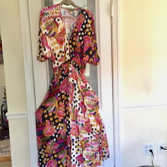 FARM Rio Half and Half Bananatic Print Maxi Dress Tropical Dopamine Dressing - Picture 11 of 16